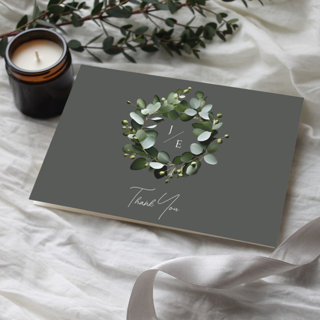 Modern Monogram Eucalyptus Wreath | Grey Thank You Card (Gray Modern Monogram Eucalyptus Wreath Wedding Thank You Card)