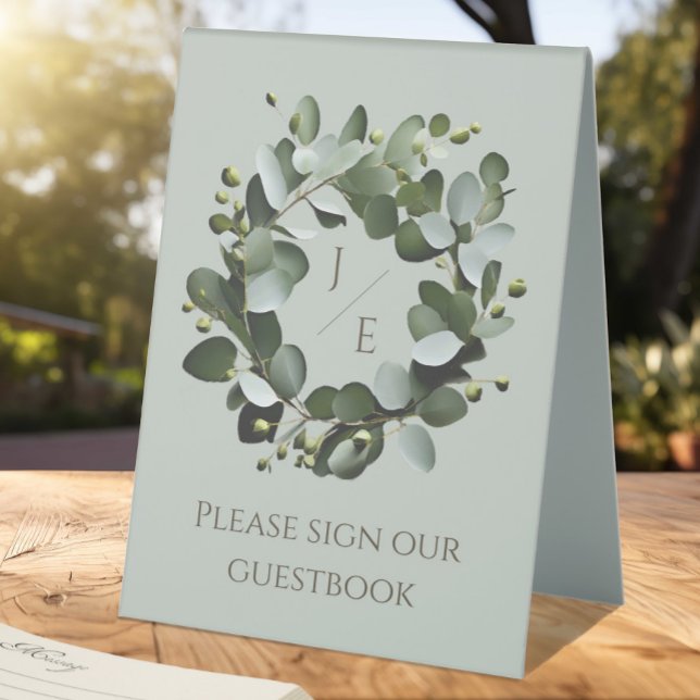 Modern Monogram Eucalyptus Wreath | Sage Green (Sage Green Modern Monogram Eucalyptus Wreath Wedding Table Tent Sign)
