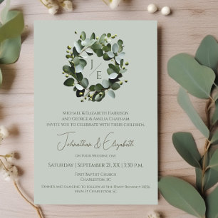 Modern Monogram Eucalyptus Wreath Sage Green Invitation