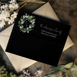 Modern Monogram Eucalyptus Wreath Wedding Black Envelope