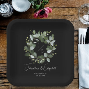 Modern Monogram Eucalyptus Wreath Wedding Black Paper Plate