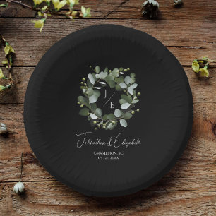 Modern Monogram Eucalyptus Wreath Wedding Black Paper Plate