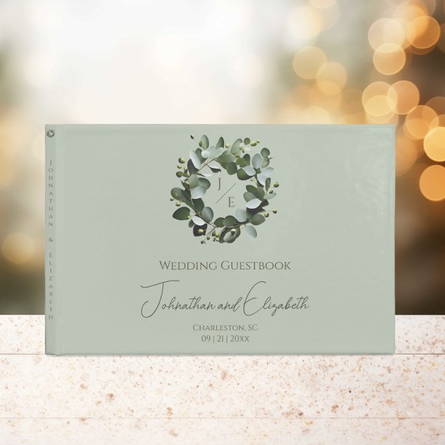Modern Monogram Eucalyptus Wreath Wedding Guest Book (Sage Green Modern Monogram Eucalyptus Wreath Wedding Guestbook)
