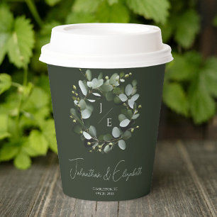 Modern Monogram Eucalyptus Wreath Wedding Paper Cups
