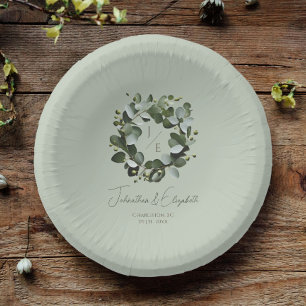Modern Monogram Eucalyptus Wreath Wedding Paper Plate