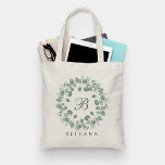 Modern Monogram Eucalyptus Wreath Wedding Tote Bag<br><div class="desc">Modern Monogram Eucalyptus Wreath Wedding Tote Bag by Girly-Girl-Graphics at Zazzle: Perfect for the beautiful bride and her bridesmaids! Customise this whimically elegant, delicate, and uniquely chic, sophisticated stylish modern minimalistic rustic pastel botanical greenery pattern and fashionable script monogram initial typography wedding tote bag and share with the family and...</div>