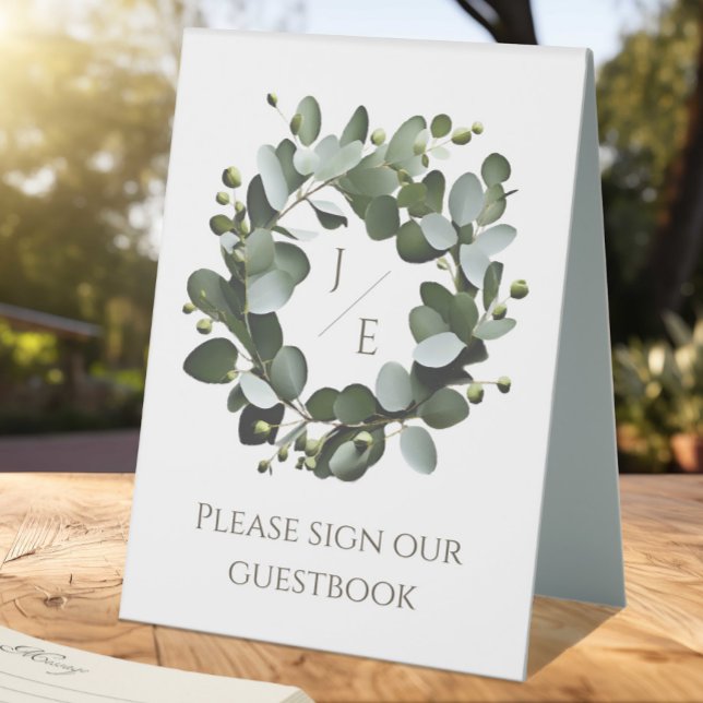 Modern Monogram Eucalyptus Wreath Wedding | White (White Modern Monogram Eucalyptus Wreath Wedding Table Tent Sign)