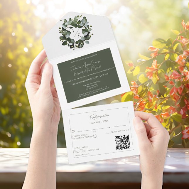 Modern Monogram Eucalyptus Wreath Wedding | White All In One Invitation (White Modern Monogram Eucalyptus Wreath Wedding All in One Invite)