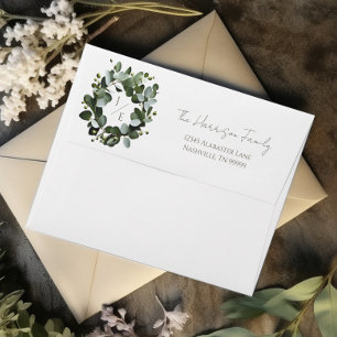 Modern Monogram Eucalyptus Wreath Wedding   White Envelope