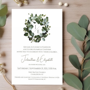 Modern Monogram Eucalyptus Wreath Wedding White Invitation