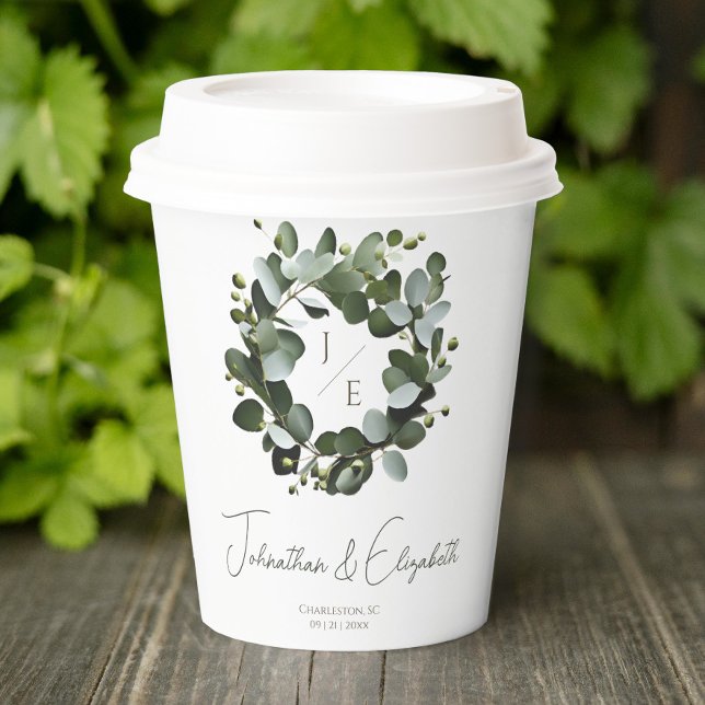 Modern Monogram Eucalyptus Wreath Wedding | White Paper Cups (White Modern Monogram Eucalyptus Wreath Wedding Paper Cup)