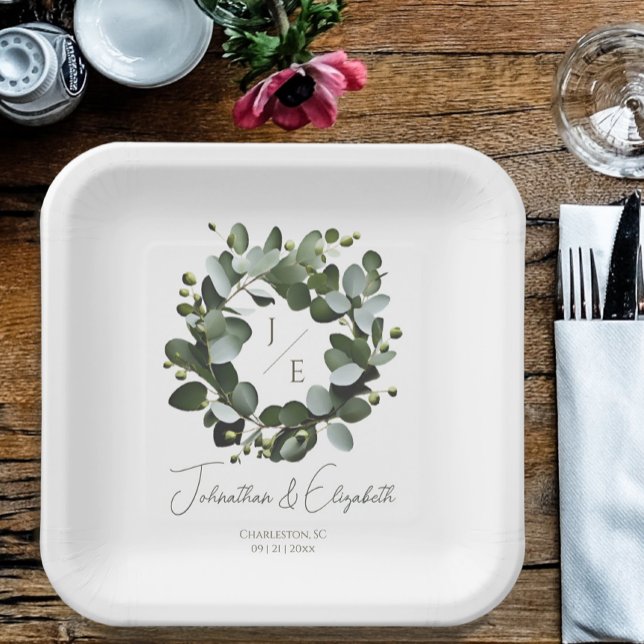 Modern Monogram Eucalyptus Wreath Wedding | White Paper Plate (White Modern Monogram Eucalyptus Wreath Wedding Paper Plates)
