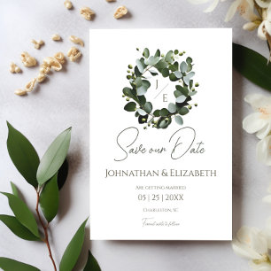 Modern Monogram Eucalyptus Wreath   White Save The Date