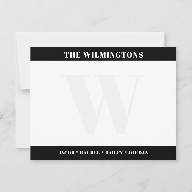 Modern Monogram Family Black and White Stationery Card (Front)