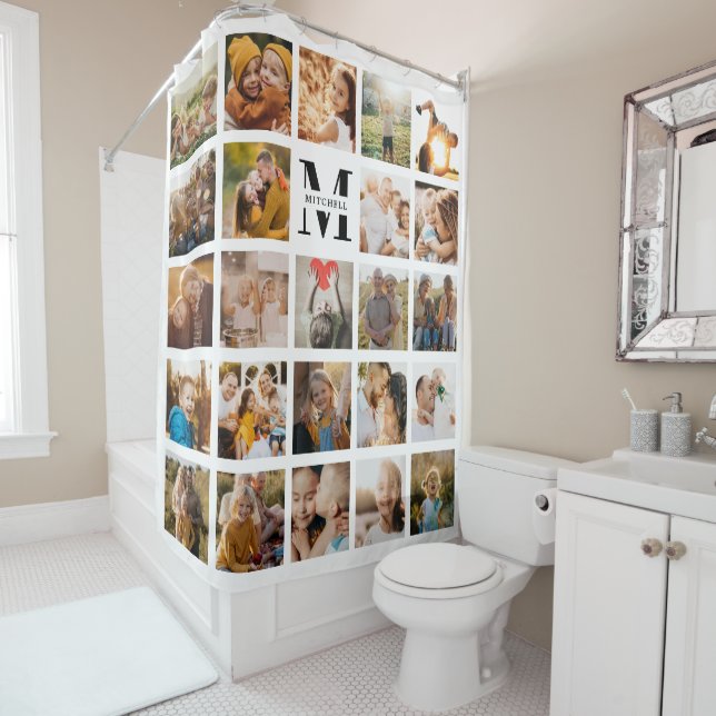 Modern Monogram Family Name 24 Photo Collage Shower Curtain (In Situ)