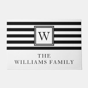 Modern Monogram Family Name Black And White Doormat