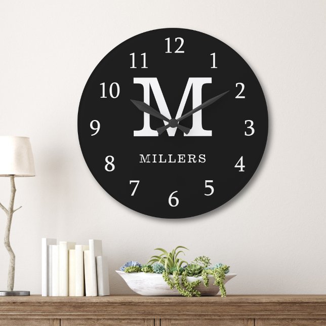 Modern Monogram Family Name Black And White Large Clock (Creator Uploaded)