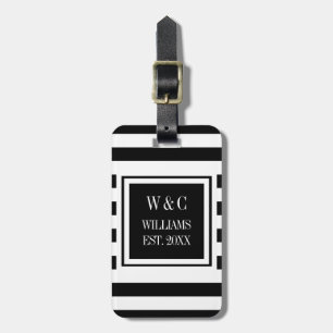 Modern Monogram Family Name Black Stripe Luggage Tag