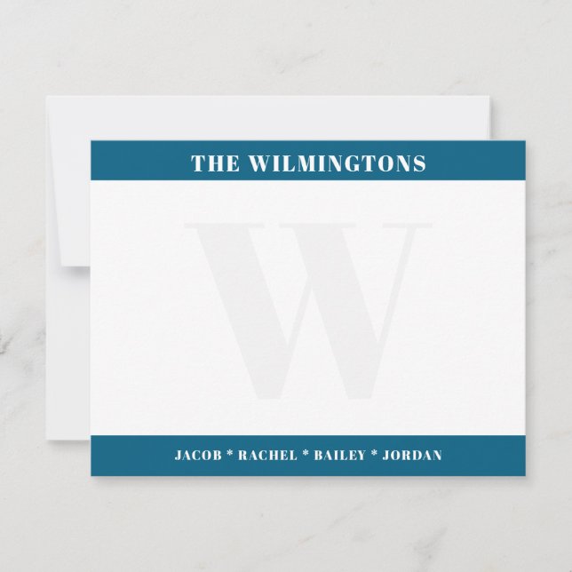 Modern Monogram & Family Names Blue Stationery Card (Front)