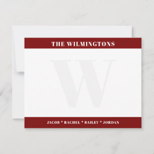 Modern Monogram Family Names Dark Red Stationery Card