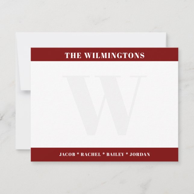 Modern Monogram Family Names Dark Red Stationery Card (Front)