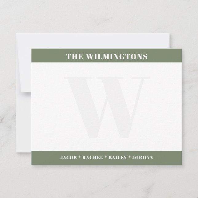Modern Monogram Family Names Sage Green Stationery Card (Front)
