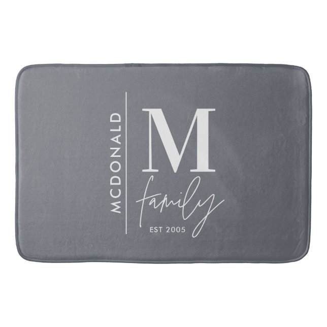 Modern monogram family navy grey stylish elegant s bath mat (Front)