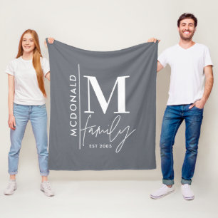 Modern monogram family navy grey stylish matching fleece blanket