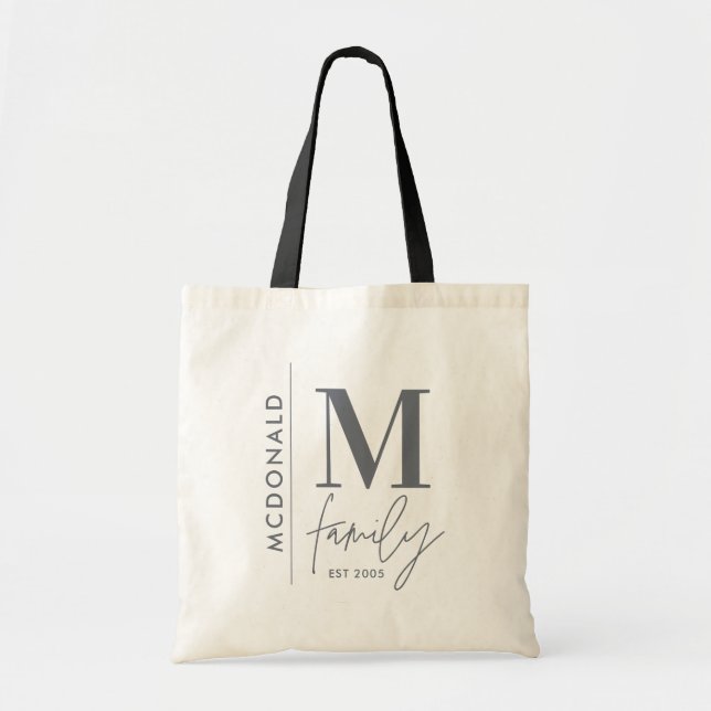 Modern monogram family navy grey stylish matching tote bag (Front)