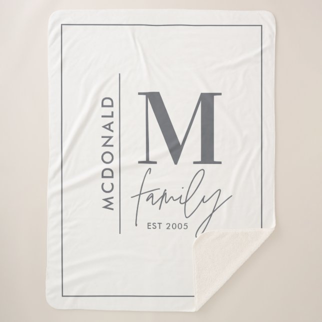 Modern monogram family navy grey stylish  sherpa blanket (Front)
