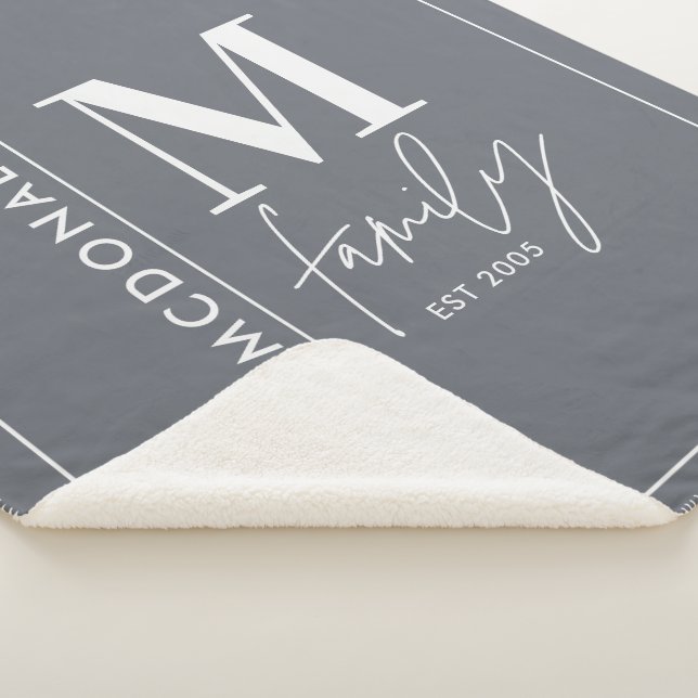 Modern monogram family navy grey stylish sherpa blanket (3/4)