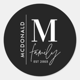 Modern monogram family navy  stylish monochrome classic round sticker