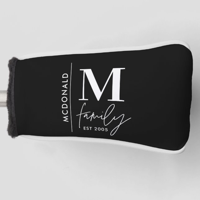 Modern monogram family navy  stylish monochrome golf head cover (Front)