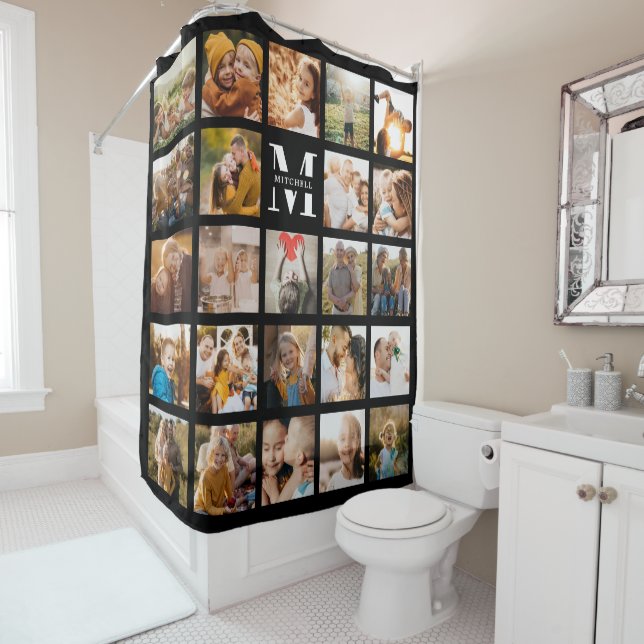 Modern Monogram Family Photo Collage Chic Black Shower Curtain (In Situ)
