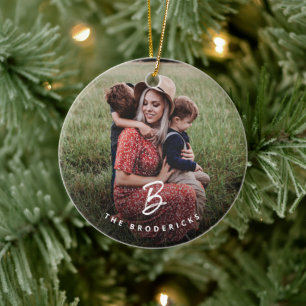 Modern Monogram Family Photo Holiday Christmas Ceramic Tree Decoration