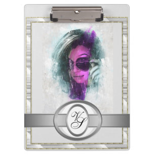 Modern Monogram Fashionable Girl Black and grey Clipboard