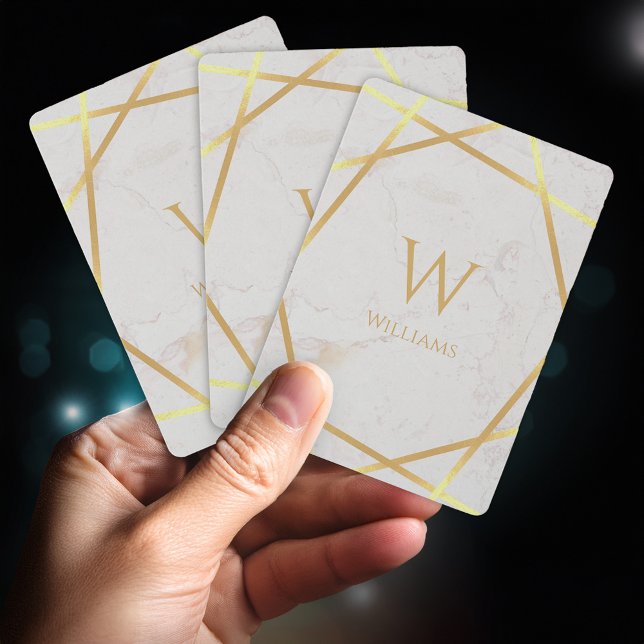 Modern Monogram Faux Gold Foil Lines White Marble Playing Cards (Creator Uploaded)