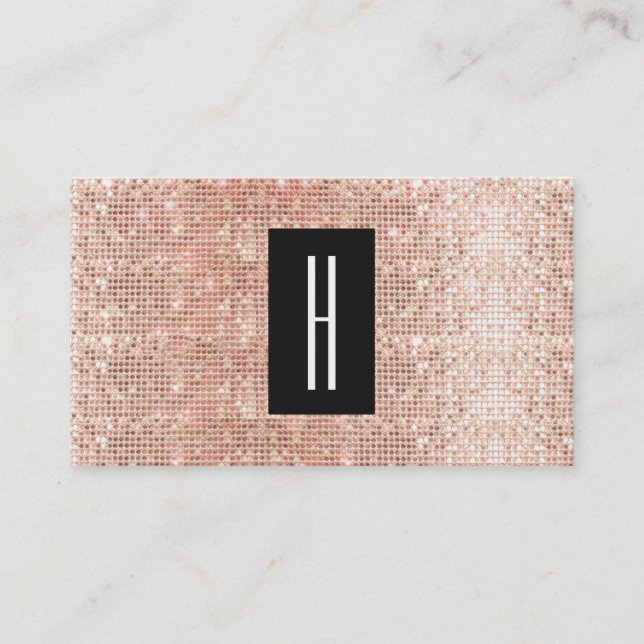 Modern Monogram, Faux Rose Gold Sequins Business Card (Front)