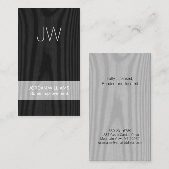 Modern Monogram Faux Wood Vertical Construction Business Card (Front/Back)