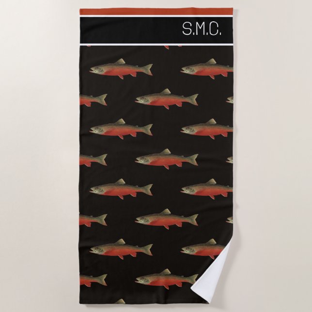 Modern Monogram Fish Salmon Design Black White Red Beach Towel (Front)