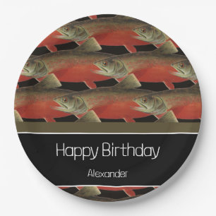 Modern Monogram Fish Salmon Design Black White Red Paper Plate