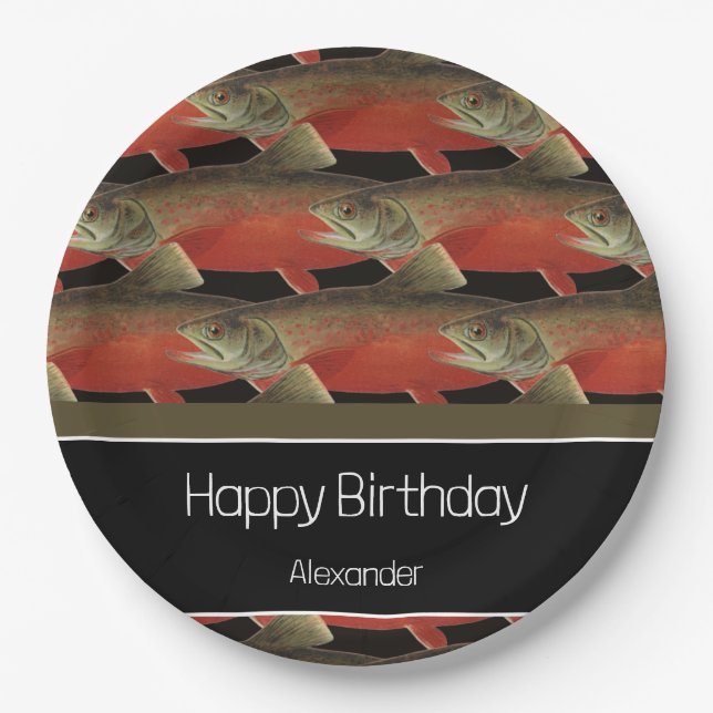 Modern Monogram Fish Salmon Design Black White Red Paper Plate (Front)