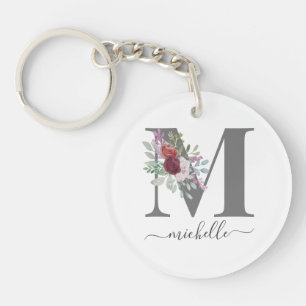 Modern Monogram Floral Initial Name Key Ring