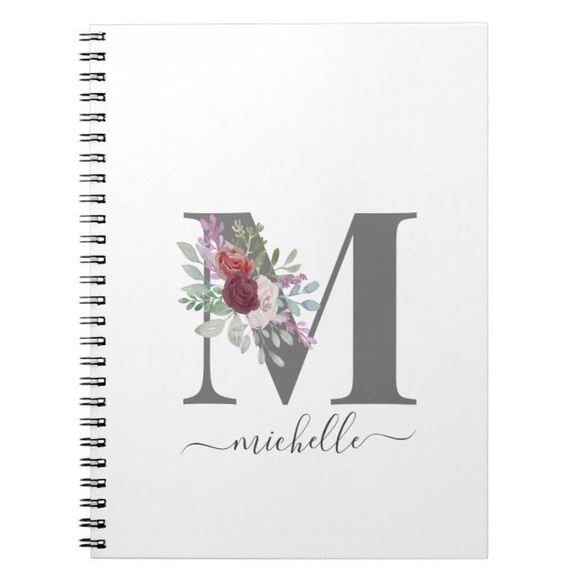 Modern Monogram Floral Initial Name Notebook (Front)