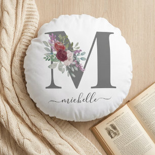 Modern Monogram Floral Initial Name Round Cushion
