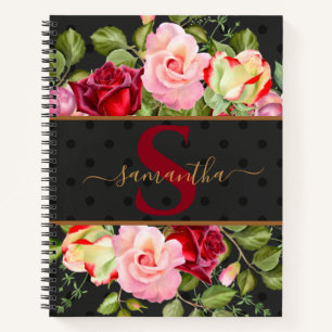 Modern Monogram Floral Roses & Black Polka Dot Notebook
