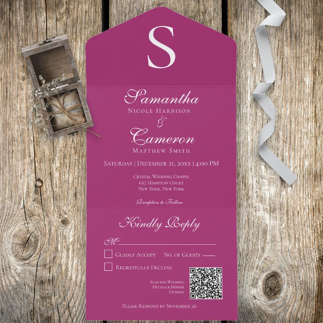 Modern Monogram Fuchsia Pink QR Code All In One Invitation (Creator Uploaded)