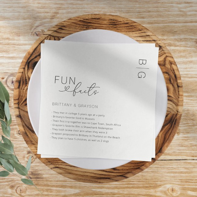Modern Monogram Fun Facts Wedding Napkin (Creator Uploaded)
