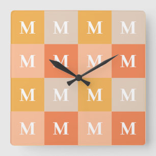 Modern monogram geometric color block square wall clock
