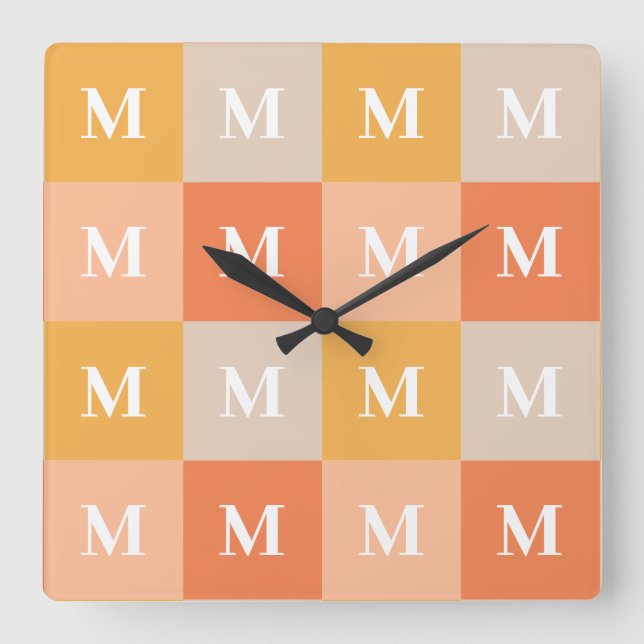 Modern monogram geometric colour block square wall clock (Front)